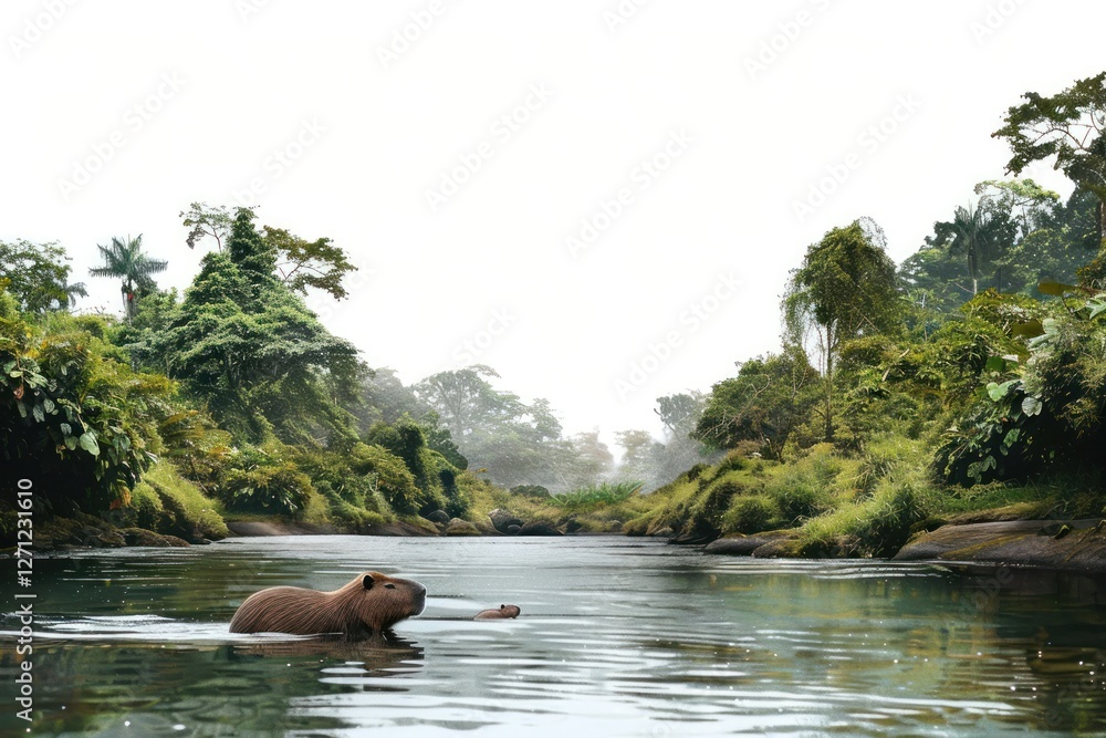 Wall mural Silence rainforest river landscape nature wildlife capybara.