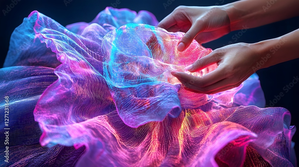 Poster designer s hands artfully manipulating and shaping vibrant ethereal holographic textile within an in