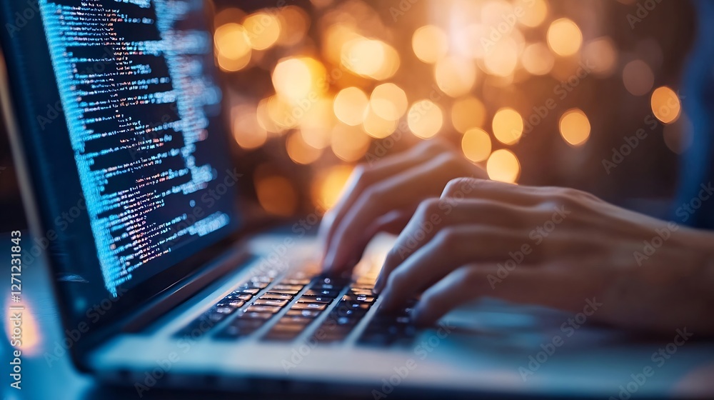 Leinwandbilder Person typing on a laptop with colorful bokeh lights in the background creating a lively atmosphere : Generative AI