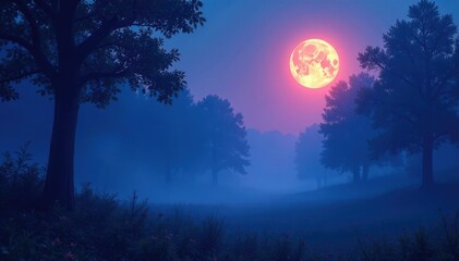 Fototapeta premium Softly glowing moonlight illuminates a misty forest with shades of blue purple pink, blue, softly, moonlight