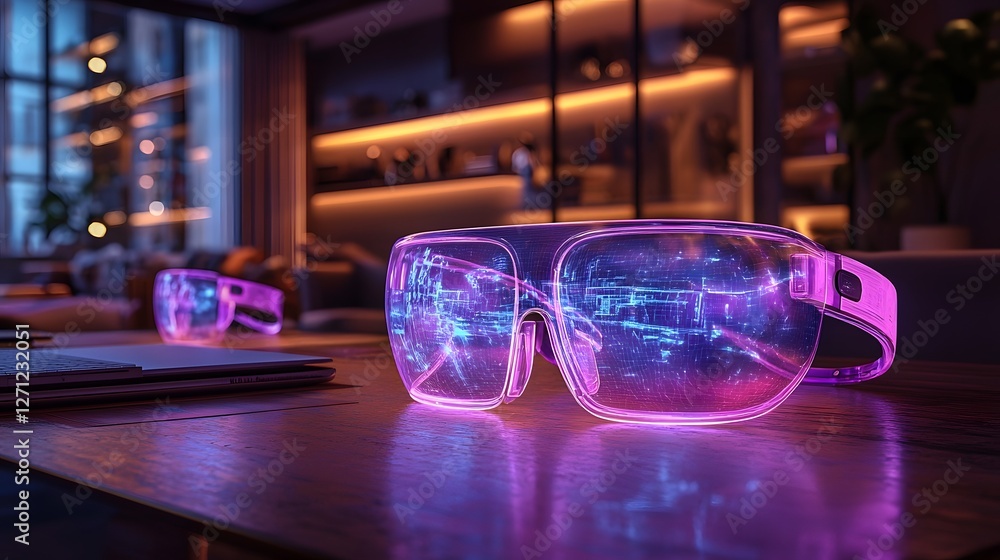 Poster conceptual image of a modern minimalist workspace with holographic digital interfaces and accessorie