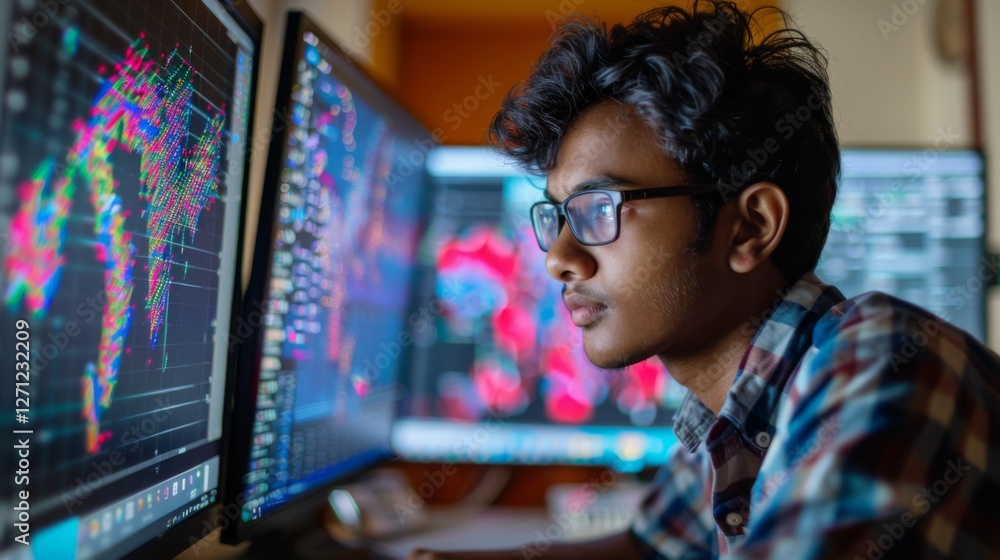 Poster Individual works intently on multiple computer monitors filled with colorful graphs and data visualizations in a comfortable home workspace during the evening.