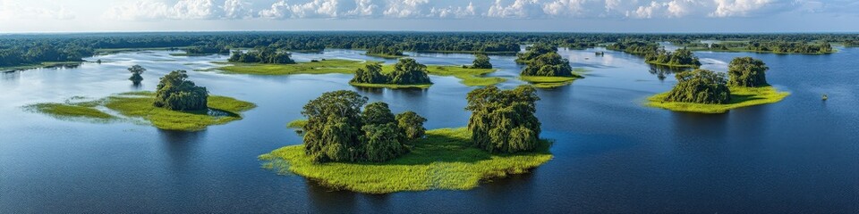 Stunning Aerial View of Pristine Amazon Rainforest Islands in Blue River Water Highlighting Lush Greenery, Biodiversity, and Untouched Natural Beauty Under Blue Sky