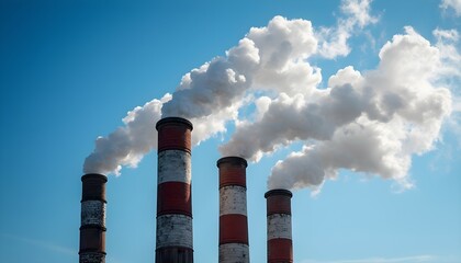 Multiple Factory Chimneys Releasing Smoke into the Atmosphere