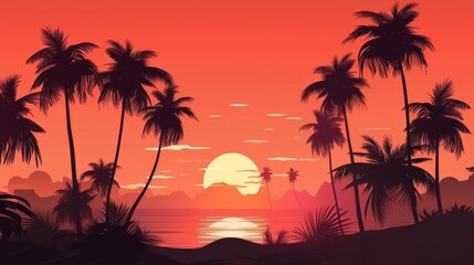 Tropical Sunset Scene with Silhouetted Palm Trees and Ocean View