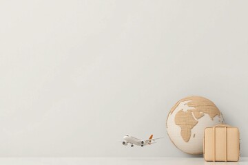 Air travel concept with a wooden globe, airplane model, and suitcase, symbolizing wanderlust and adventure in minimalistic style