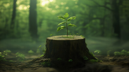 Nature's Resilience A Small Sapling in a Foggy Woodland