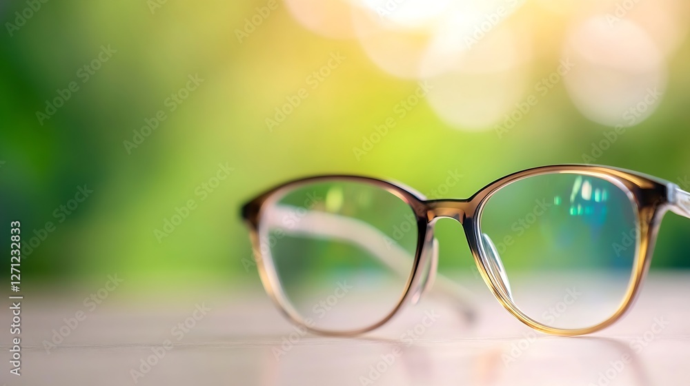 Aufkleber stylish glasses resting on a surface with a blurred green background illuminated by gentle sunlight 