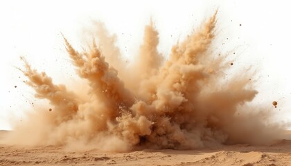 Sand dust explosion with cloud of sand in desert. Abstract sandstorm with flying sand balls on white background. Natural disaster, burst, crash, blast, 3d render design element.
