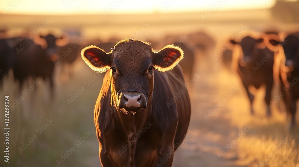 Poster closeup of a gentle cow standing in sunlit golden fields at dusk : generative ai