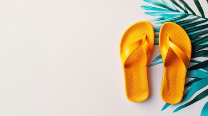 Fototapeta premium Bright Yellow Flip-Flops with Tropical Green Palm Leaves on a White Background