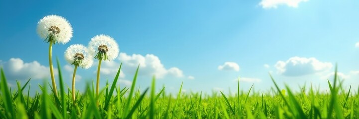 White dandelions growing in a lush green meadow with blue sky, green grass, garden, white dandelion