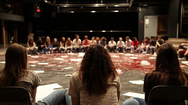 Group of people in a theater setting engaged in creative activities with papers on the floor : Generative AI