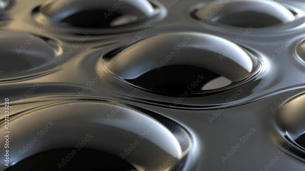 Poster unique close-up of round droplets on a sleek, dark surface reflecting light and creating a visually 