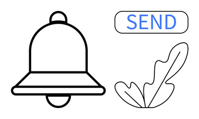 Notification bell, SEND button, and leaf-outline. Elements symbolize alert, communication, and nature. Ideal for digital communication, messaging apps, notifications alerts nature themes interface