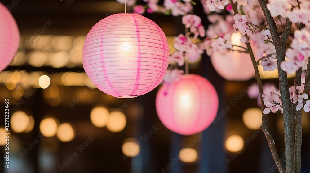 Aufkleber delicate pink lanterns hanging among cherry blossoms creating a tranquil ambiance in a modern settin