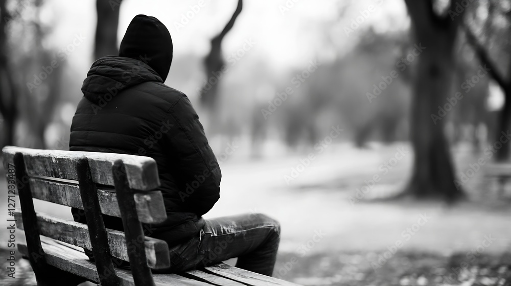 Poster Black and white image of a man sitting alone on a park bench with a somber expression : Generative AI