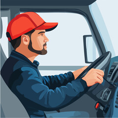 Illustration of a truck driver. Trucker. Man behind the wheel. Driver.