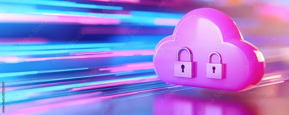 Poster a vibrant pink cloud with padlocks symbolizes secure data storage, surrounded by dynamic blue and pi