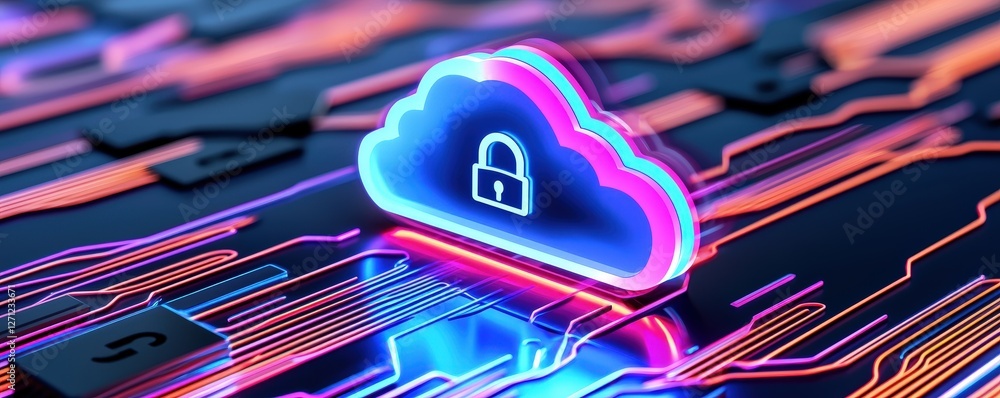 Poster a vibrant cloud icon with a padlock symbolizes secure cloud storage, surrounded by digital circuitry
