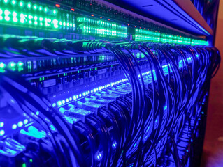 Luminous server rack with numerous cables and vibrant LED lighting. A close-up view showcasing intricate network infrastructure.