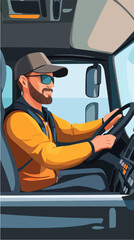 Illustration of a truck driver. Trucker. Man behind the wheel. Driver.
