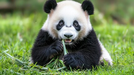 Adorable Panda Cub Enjoying Bamboo Lunch in Lush Green Habitat