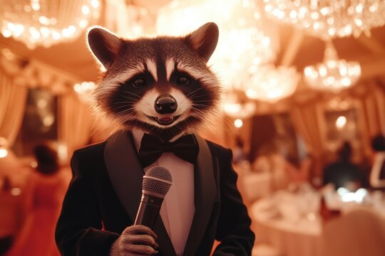 Charismatic raccoon in tuxedo hosting elegant gala with microphone