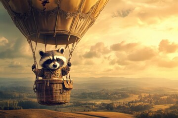 Adventurous raccoon in hot air balloon over scenic landscape at sunset