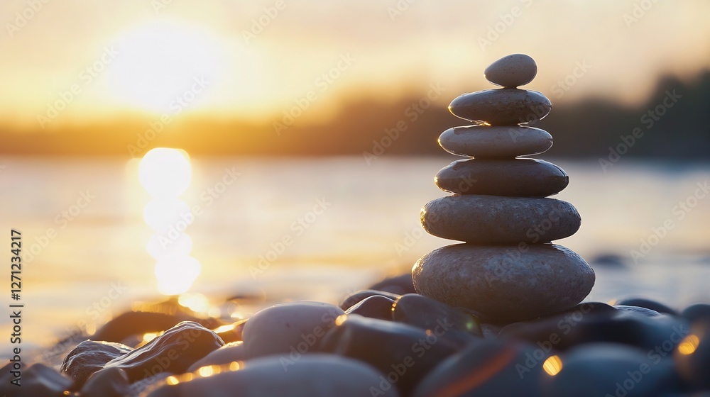 Poster stacked stones by the water at sunset creating a peaceful and serene atmosphere : generative ai