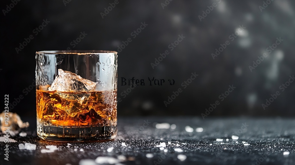Poster whiskey on the rocks in a stylish glass capturing a moment of relaxation : generative ai