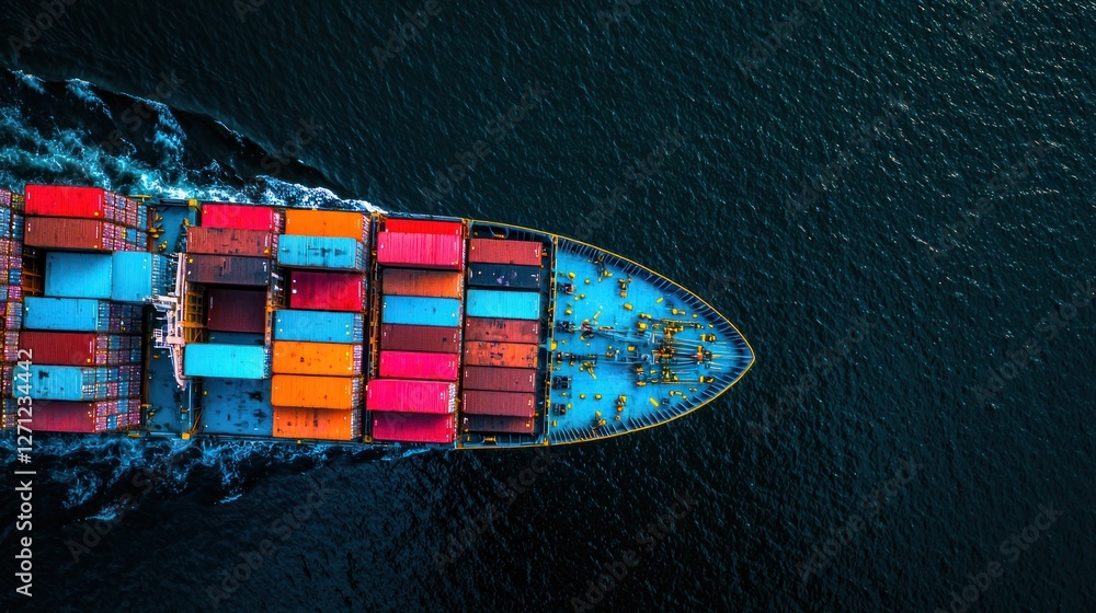 Poster overview of a vibrant container ship navigating open waters