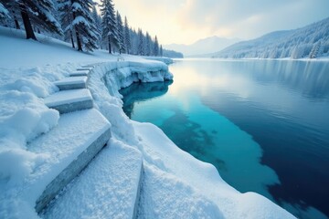 Obraz premium Wide-angle shot of stairs descending into a frozen lake, frosty atmosphere,
