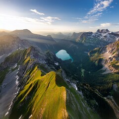 A dramatic aerial view of a sprawling mountain range during the golden hour, with jagged peaks