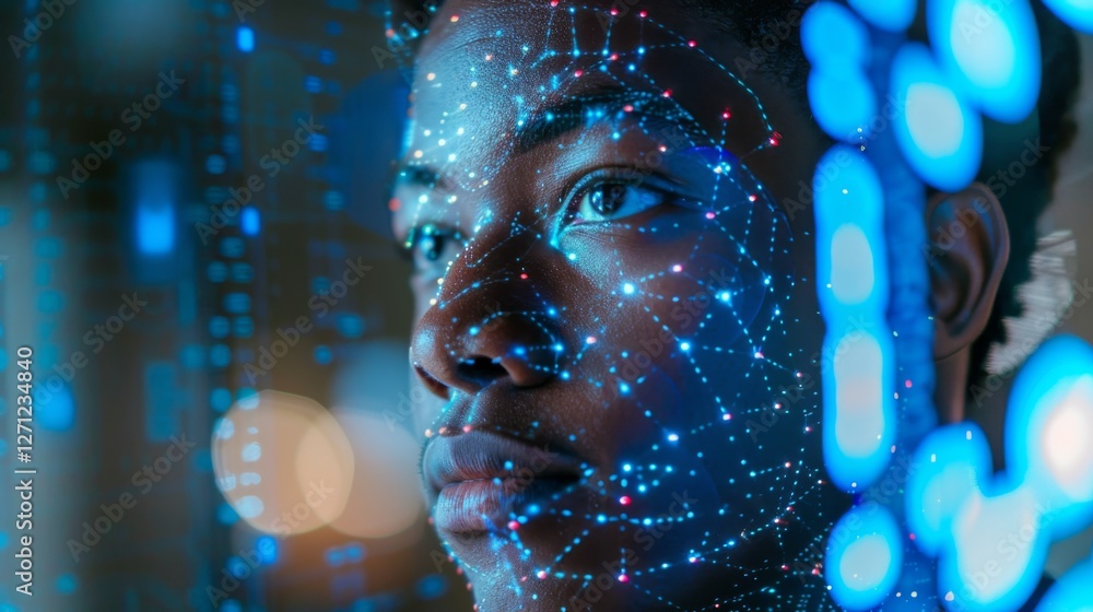 Poster A young individual is seen with a thoughtful expression while being surrounded by vibrant digital projections that resemble data patterns, suggesting advanced technology and innovation.