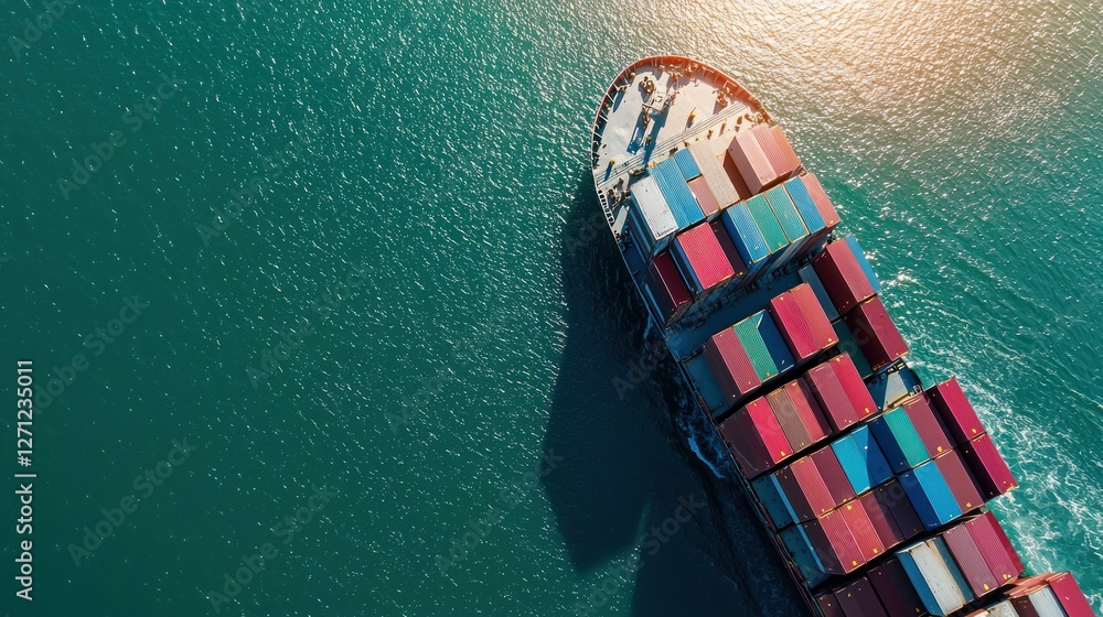 Poster overview of a container ship navigating through open waters
