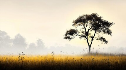 Obraz premium Solitary Tree in a Golden Mist Shrouded Field at Sunrise