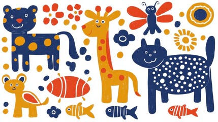 Cheerful Animal Illustration Playful Animals in Mustard Yellow, Navy Blue, and Burnt Orange