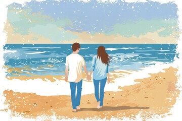 young couple walking along the beach on a summer day. back view. place for congratulations