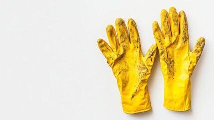 Gardening Gloves with Soil Stains on a White Background Top View