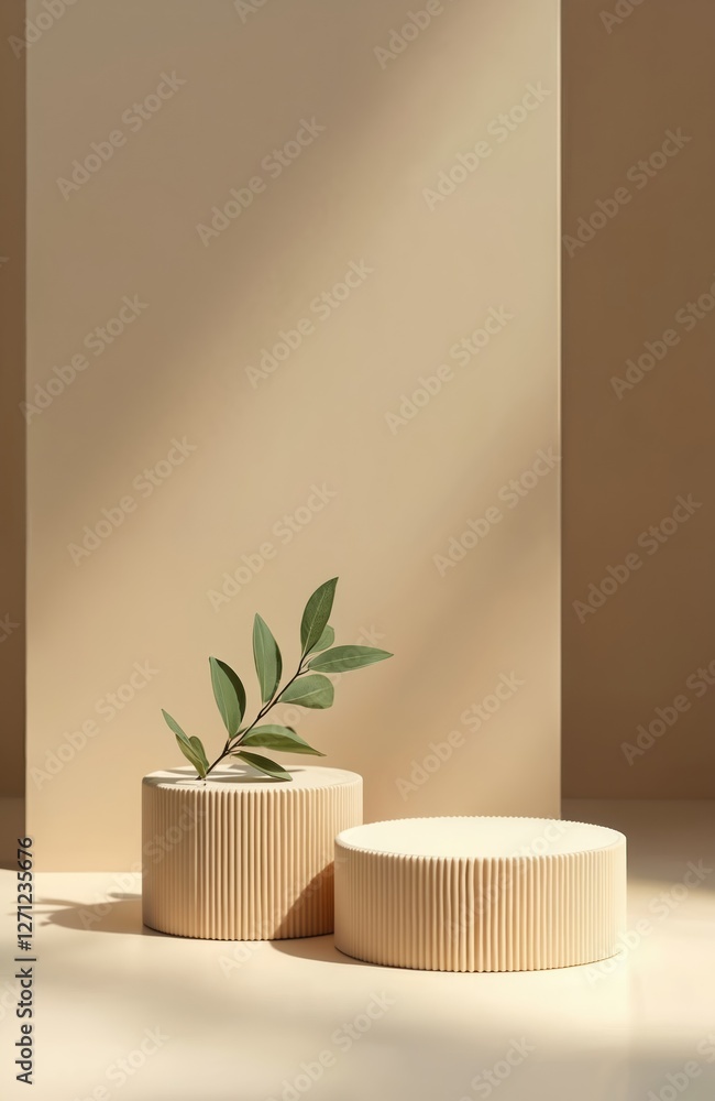 Poster geometric beige platform with leaf branch for product display backdrop. abstract minimal background 