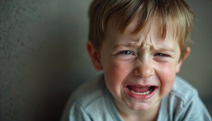 Fototapeta premium Close-up of upset crying child. Little boy cries with tears on face. Sad, unhappy kid expresses pain, sorrow, anger. Emotional caucasian toddler in despair. Bullying concept, problems with peers.