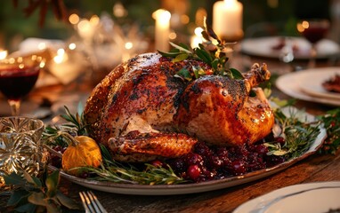 A festive holiday dinner with roasted turkey and cranberry sauce