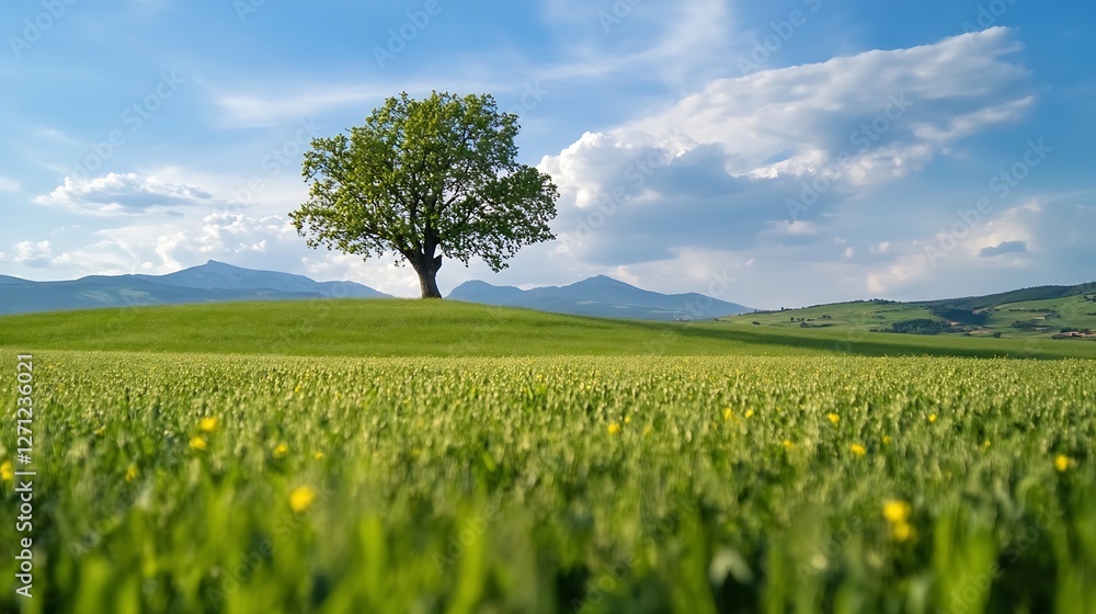 Poster beautiful solitary tree on a vast green field under a bright blue sky with mountain backdrop and flu