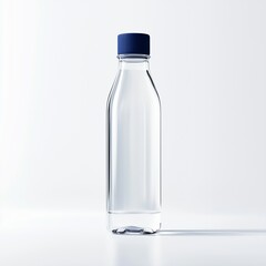 Fototapeta premium A realistic illustration of a transparent plastic water bottle with a blue cap, filled with clear water, on a white background.