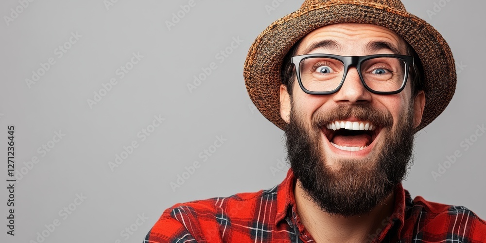 Poster man with glasses and a hat is smiling and looking at the camera. he has a beard and is wearing a red