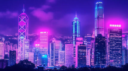 Obraz premium Illuminated Urban Skyline at Night with Vibrant Pink and Blue Hues in a Futuristic Style