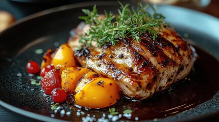 Food photography, close-up of a gourmet dish with artistic plating