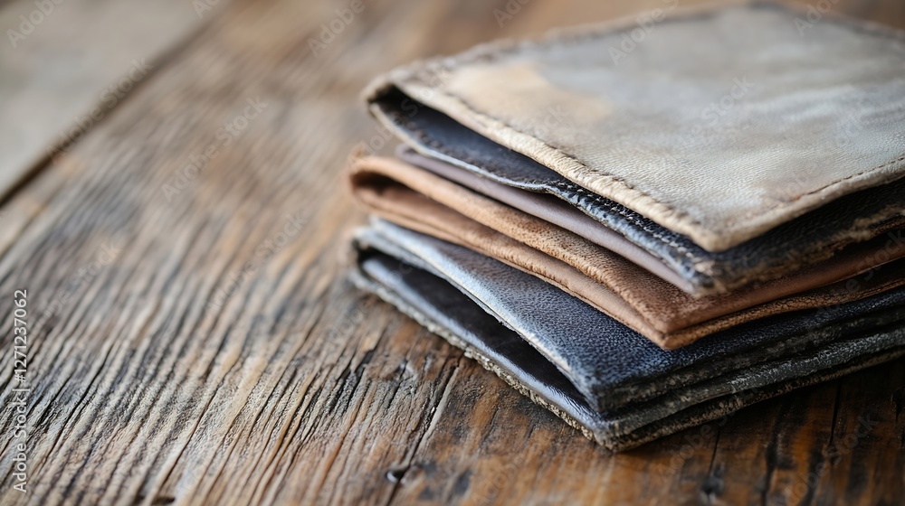 Poster close up view of neatly stacked fabric swatches in various colors on rustic wooden surface : generat