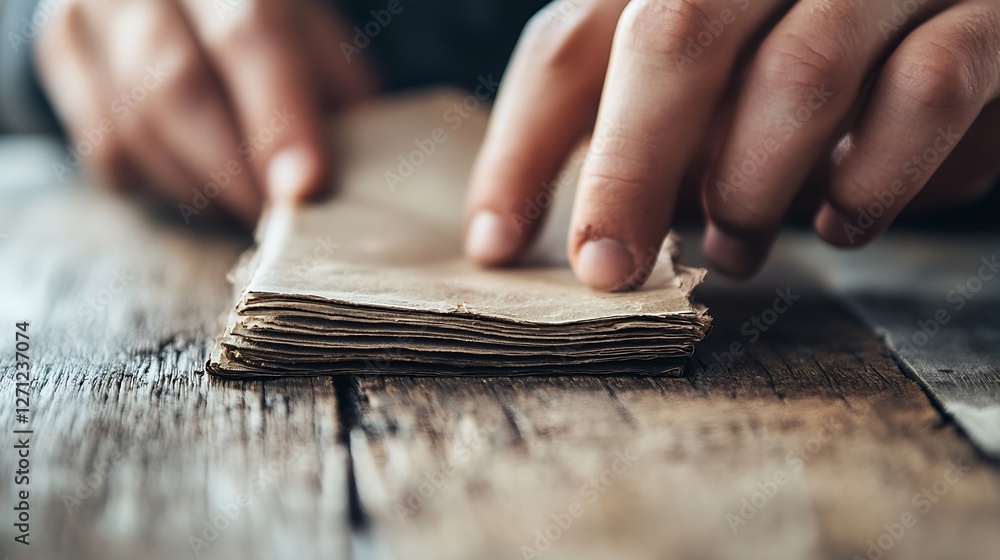 Aufkleber male hands gently handling sheets of paper on a textured wooden table during a focused project : gen